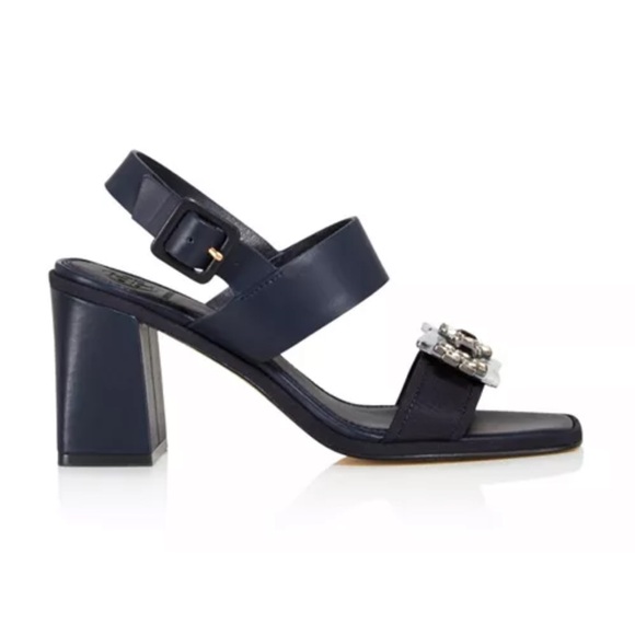 Tory Burch Navy Women's Delaney Embellished Leather Block Heel Sandals - Picture 3 of 16